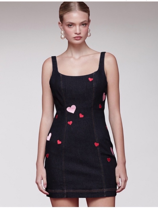 Avec Les Filles Dresses & Skirts - Avec Les Filles Dark Blue Denim Mini Dress with Pink & Red Heart Accents Size 14